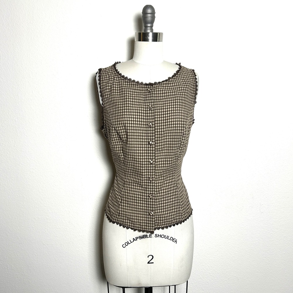 RH Brown 100% Cotton Gingham Lace Trim Tie Back Button Up Vest Top Women Size M